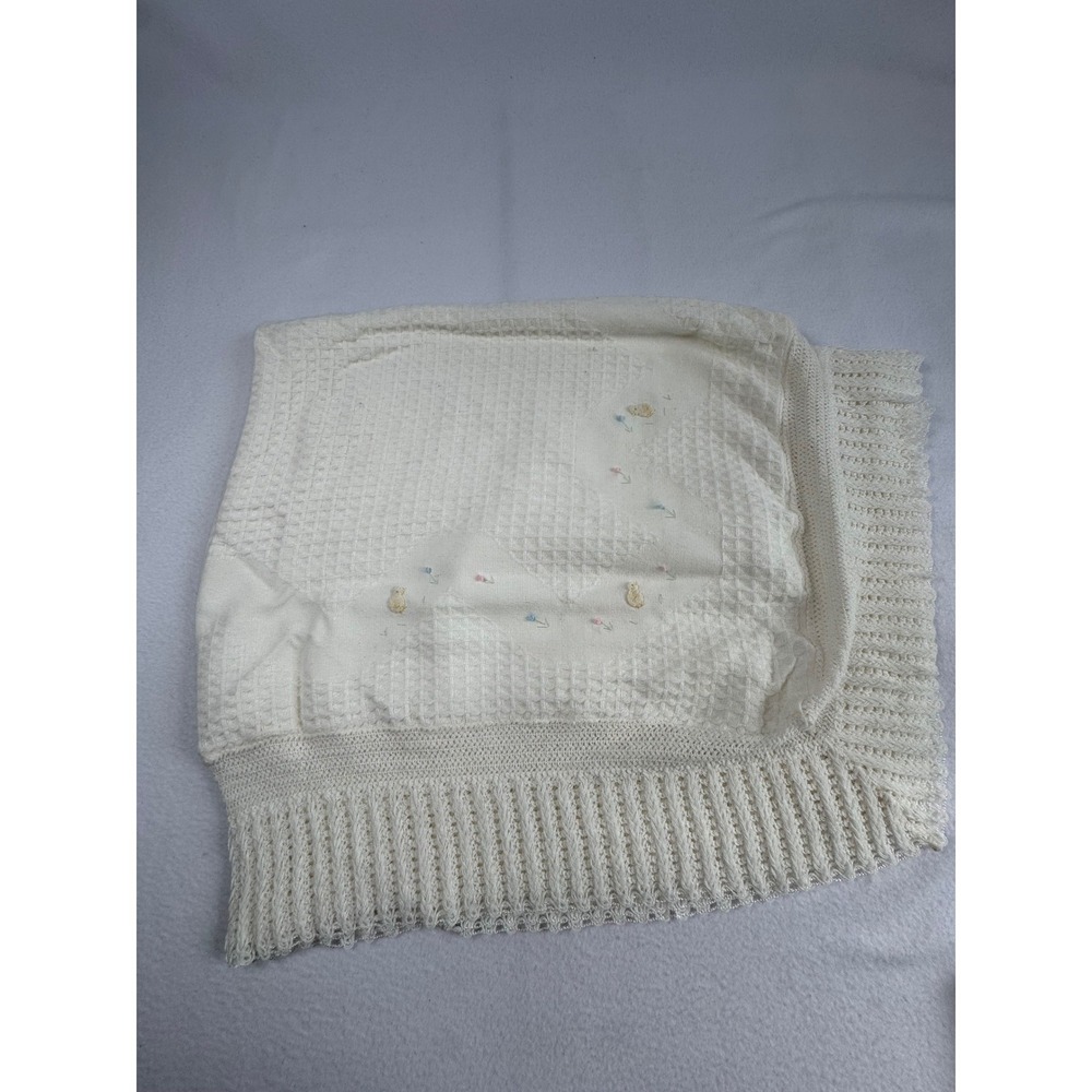 Vintage Cottagecore Unbranded Baby Blanket Cream Waffle‎ Knit Embroidered Chicks